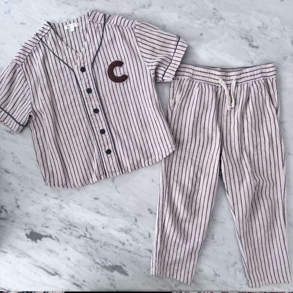 Rylee & Cru Baseball Pinstripe Set in Slate Top and Trousers Warm Oatmeal 4-5Y